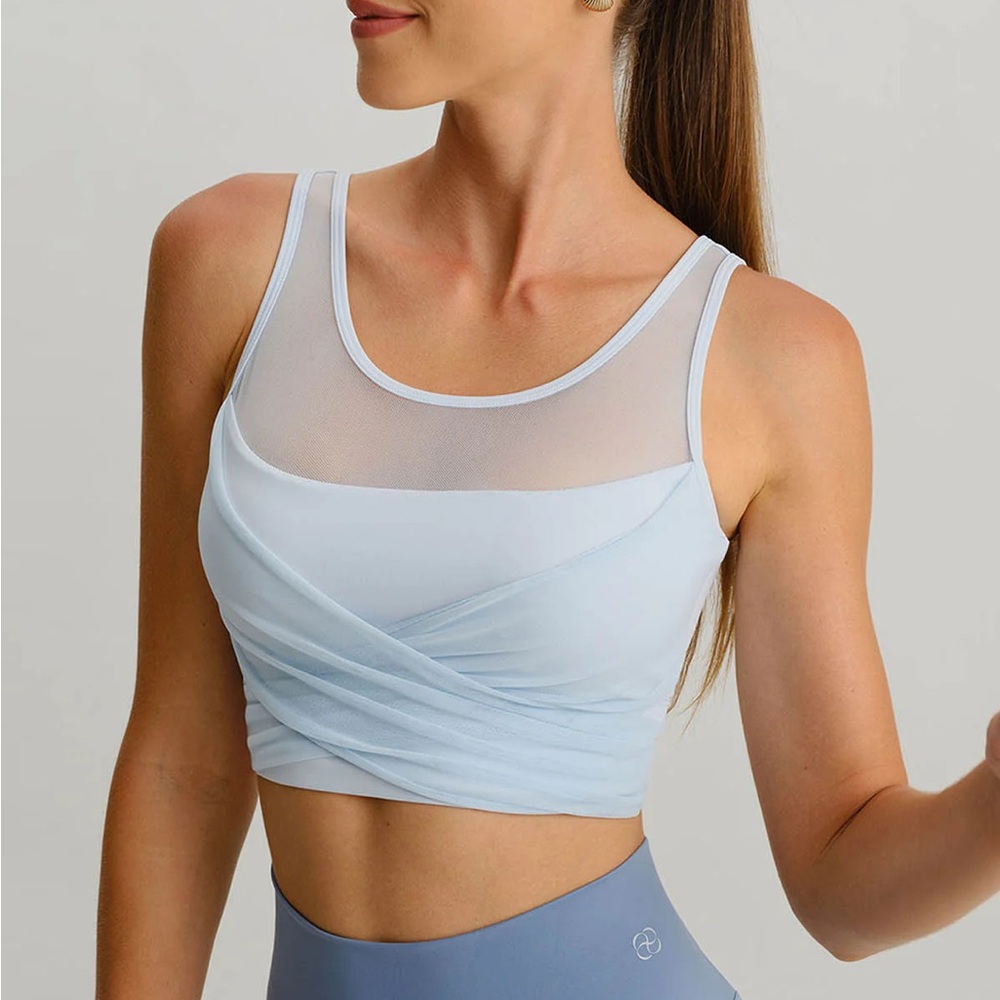 Berlook Activewear Light Blue Mesh Cross-Front Tank Top - Light Support